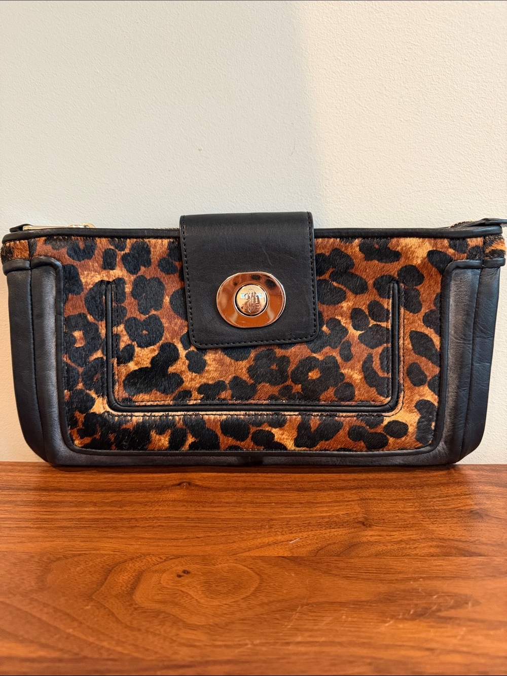 Cole Haan Leopard Print Calf Hair  Clutch with Black Trim